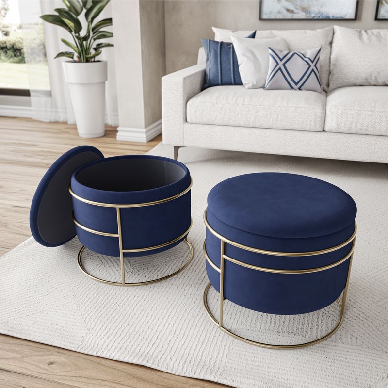 Techni Home Elegant Velvet Round Ottoman with Gold Frame and Storage, Blue