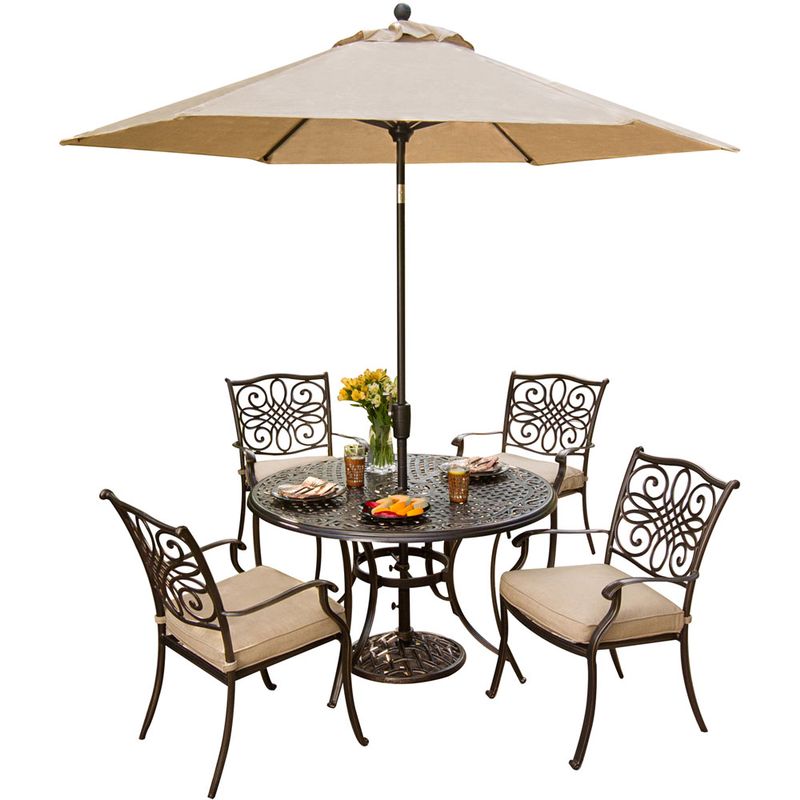 Traditions 5pc: 4 Dining Chairs, 48" Round Cast Table, Umbrella, Base