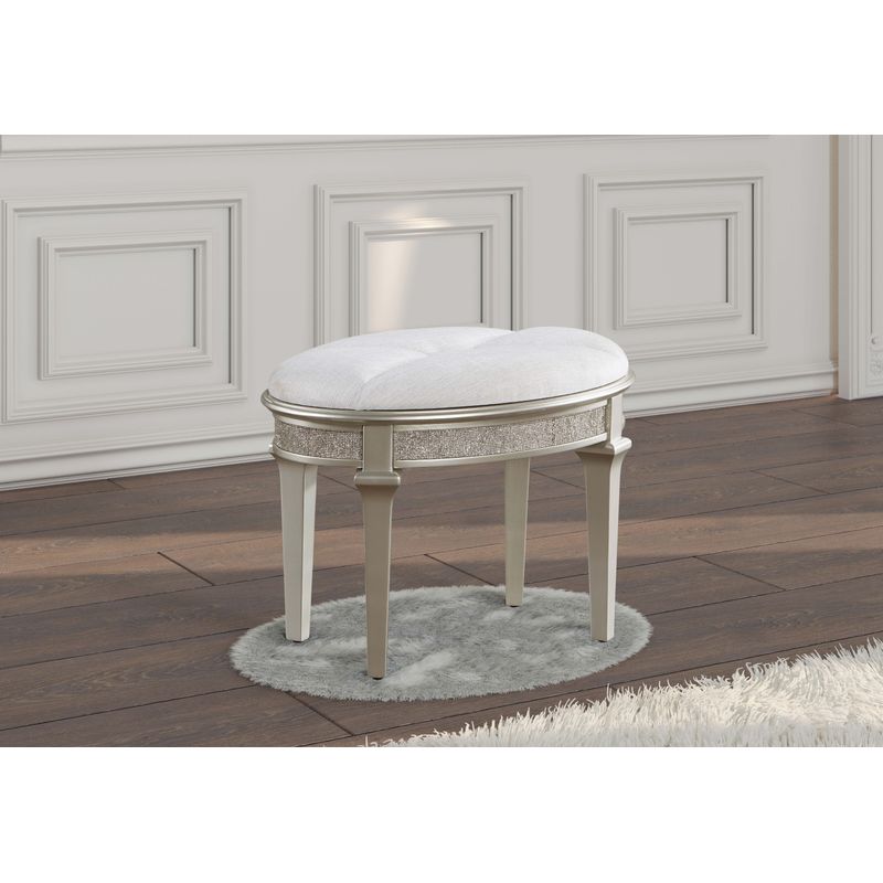 Evangeline Oval Vanity Stool with Faux Diamond Trim Silver and Ivory