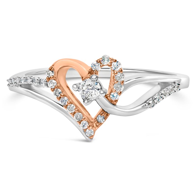 10K Rose Gold Plated .925 Sterling Silver 1/5 Cttw Diamond Two Tone Open Heart Promise or Fashion Ring (I-J Color, I2-I3 Clarity) - Size 7-1