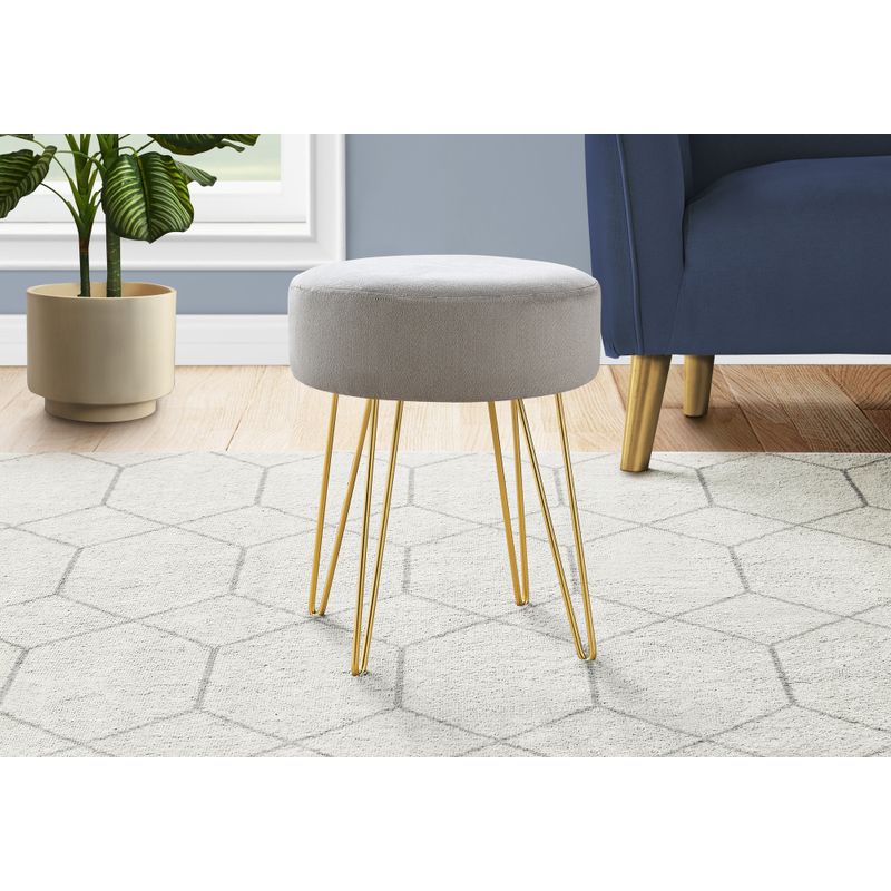 Ottoman/ Pouf/ Footrest/ Foot Stool/ 14" Round/ Fabric/ Metal Legs/ Grey/ Gold/ Contemporary/ Modern