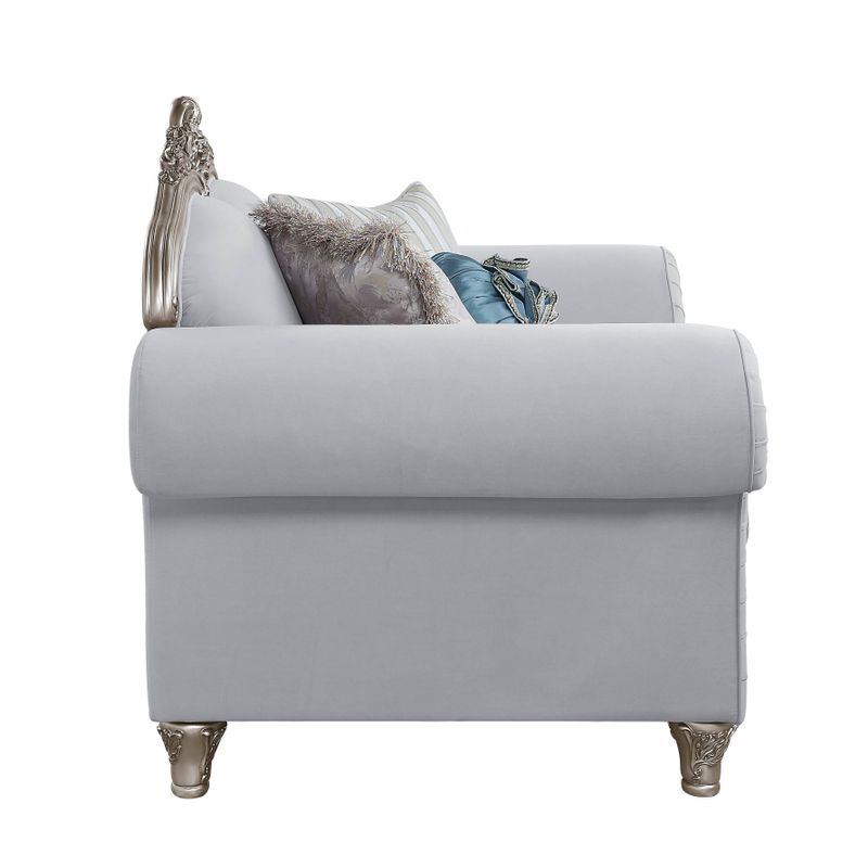 ACME Pelumi Loveseat w/5 Pillows, Light Gray Linen & Platinum Finish
