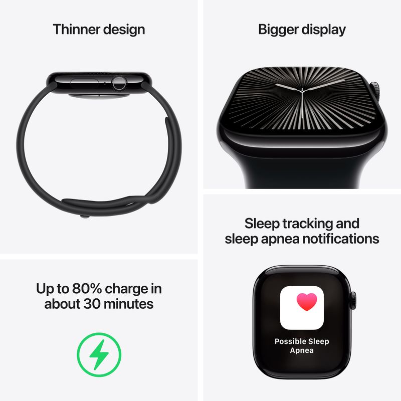 Apple Watch Series 10 (GPS) 42mm Aluminum Case with Black Sport Band - M/L - Jet Black - (2024)