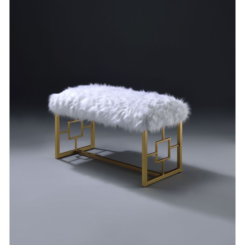 ACME Bagley II Bench, White Faux Fur & Gold