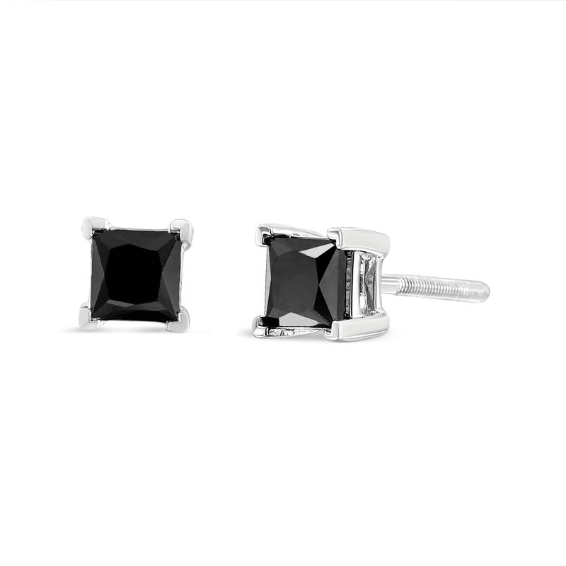 .925 Sterling Silver 1/2 Cttw Princess Cut Treated Black Diamond Screw-Back 4-Prong Classic Stud Earrings (Color-Enhanced, I2-I3 Clarity)