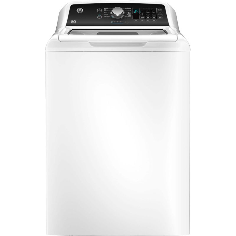 GE - 4.5 cu ft Top Load Washer with Water Level Control, Deep Fill, Quick Wash, and Glass Lid - White with Matte Black