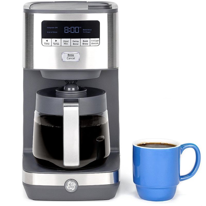 GE - 12 Cup Programmable Coffee Maker with Adjustable Keep Warm Plate and Glass Carafe - Stainless Steel