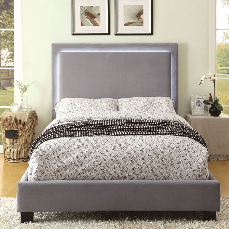 Contemporary Fabric Queen Bed with LED Lights in Gray