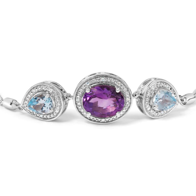 .925 Sterling Silver Oval Amethyst and Pear Blue Topaz with Diamond Accent Lariat 4"-10" Adjustable Bolo Bracelet (H-I Color, SI1-SI2 Clarit