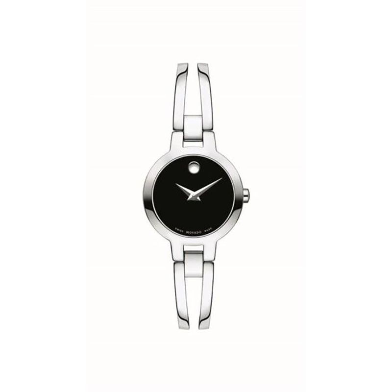 Movado - Ladies Amorosa Silver-Tone Stainless Steel Bangle Watch Black Dial