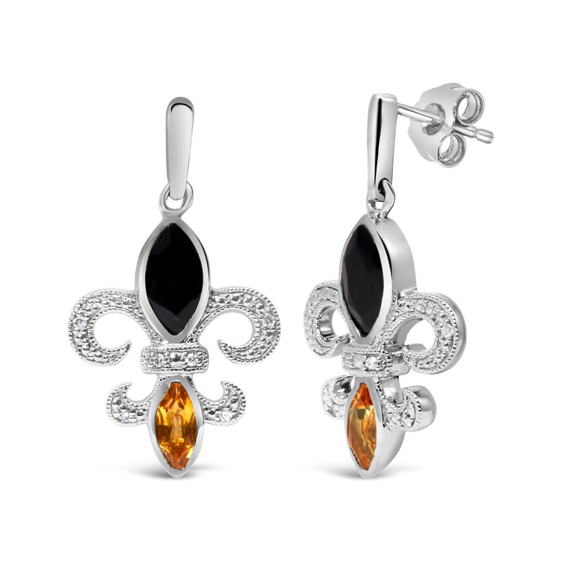 .925 Sterling Silver Marquise Cut Onyx and Citrine with Diamond Accent Fleur De Lis Drop Stud Earrings (H-I Color, SI1-SI2 Clarity)