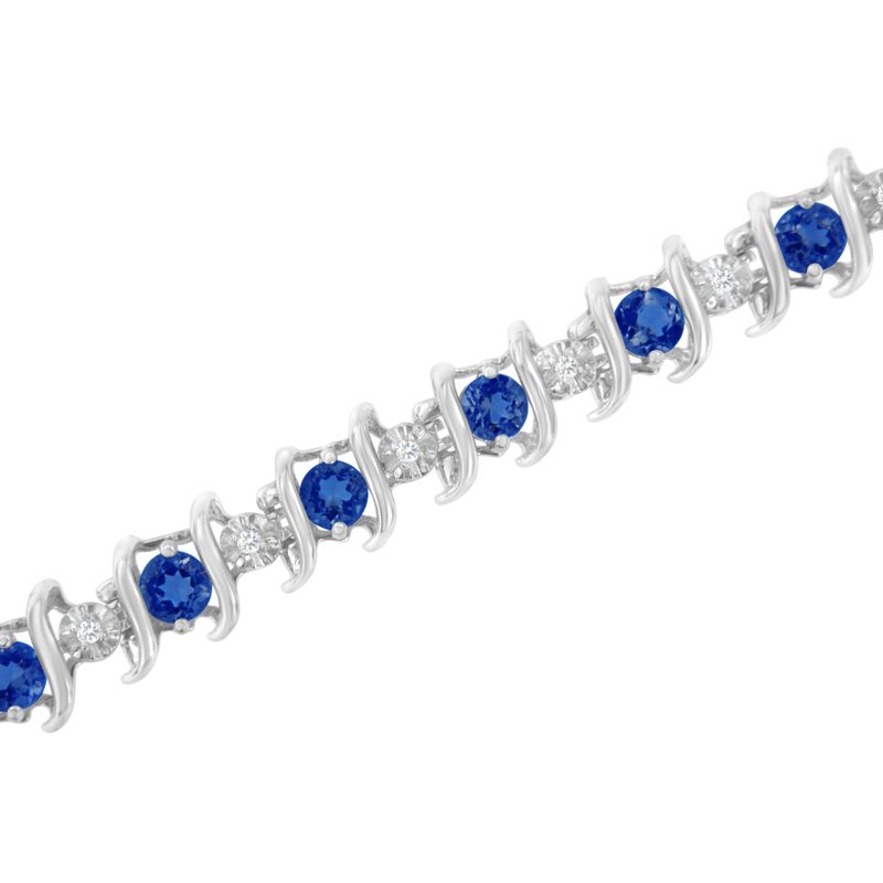 .925 Sterling Silver, Lab-Grown Gemstone and 4 Cttw Round Diamond Tennis Bracelet (H-I Color, I1-I2 Clarity) - Created Blue Sapphire, Septem