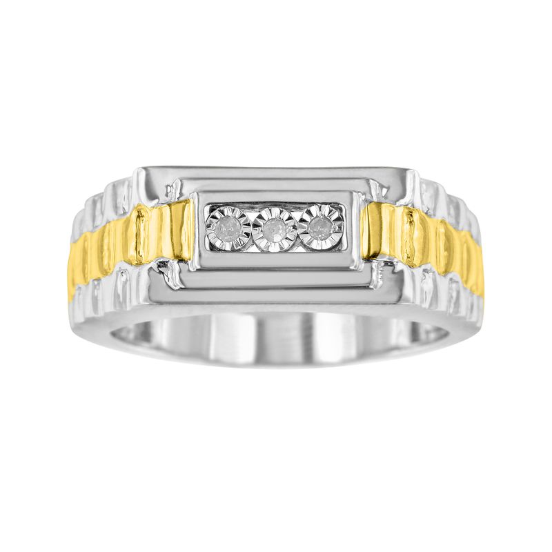 10K Yellow Gold Plated .925 Sterling Silver Diamond Accent Miracle-Set 3 Stone Ridged Band Gentlemen's Fashion Ring (I-J Color, I2-I3 Clarit