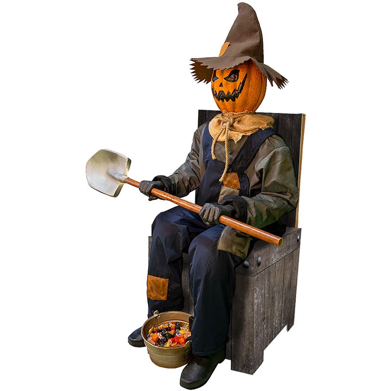 Motion Activated Smiling Jack the Sitting Scarecrow by Tekky, Premium Talking Halloween Animatronic, Plug-In or Battery