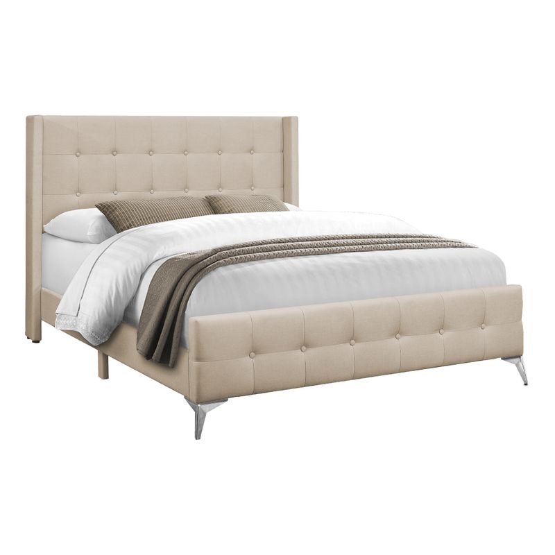 Bed - Queen Size / Beige Linen With Chrome Metal Legs