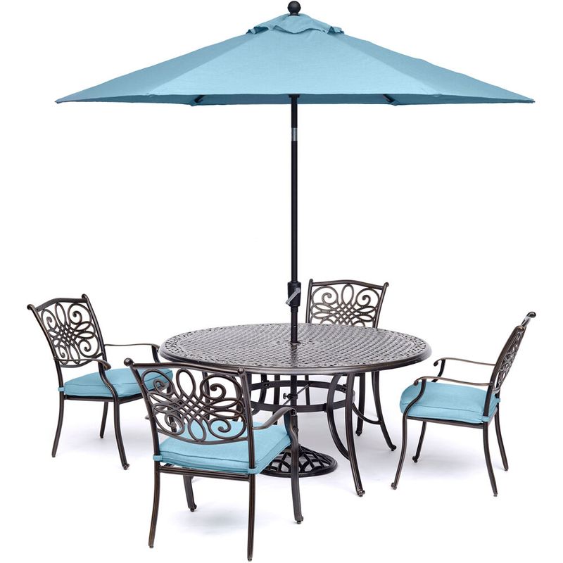 Traditions 5pc: 4 Dining Chairs, 48" Round Cast Table, Umbrella, Base