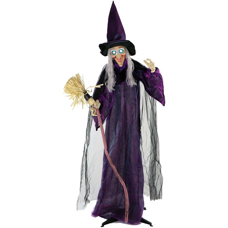 Life-Size Animatronic Witch with Broomstick, Lights and Sound, Indoor/Covered Outdoor Halloween Decoration