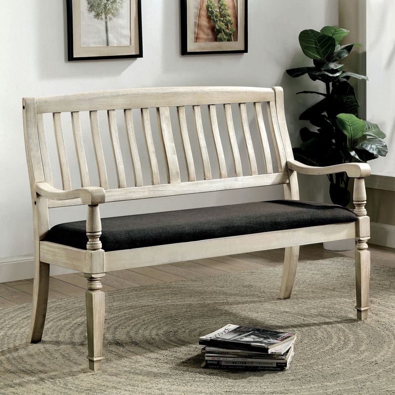 Transitional Wood Loveseat Bench in Antique White/Gray
