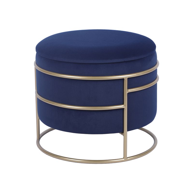 Techni Home Elegant Velvet Round Ottoman with Gold Frame and Storage, Blue