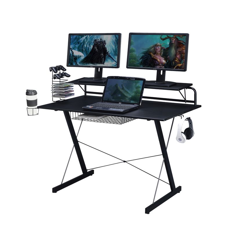 Carbon Computer Gaming Desk with Shelving, Black