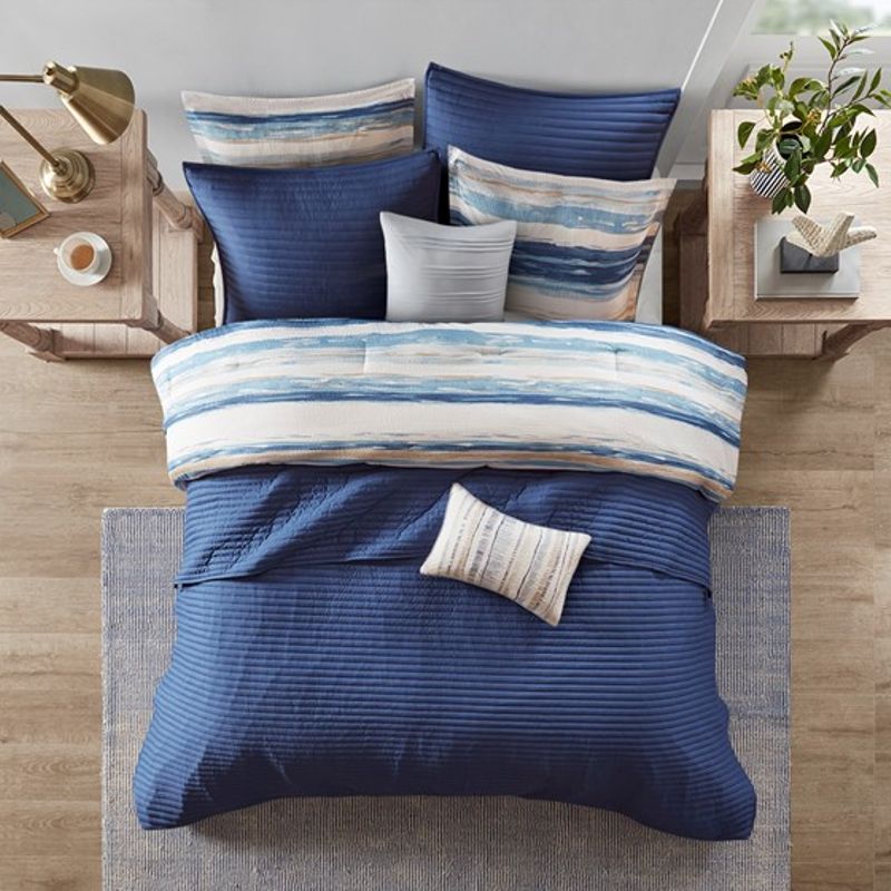 Blue Marina 8 Piece Printed Seersucker Comforter and Coverlet Set Collection King/Cal King