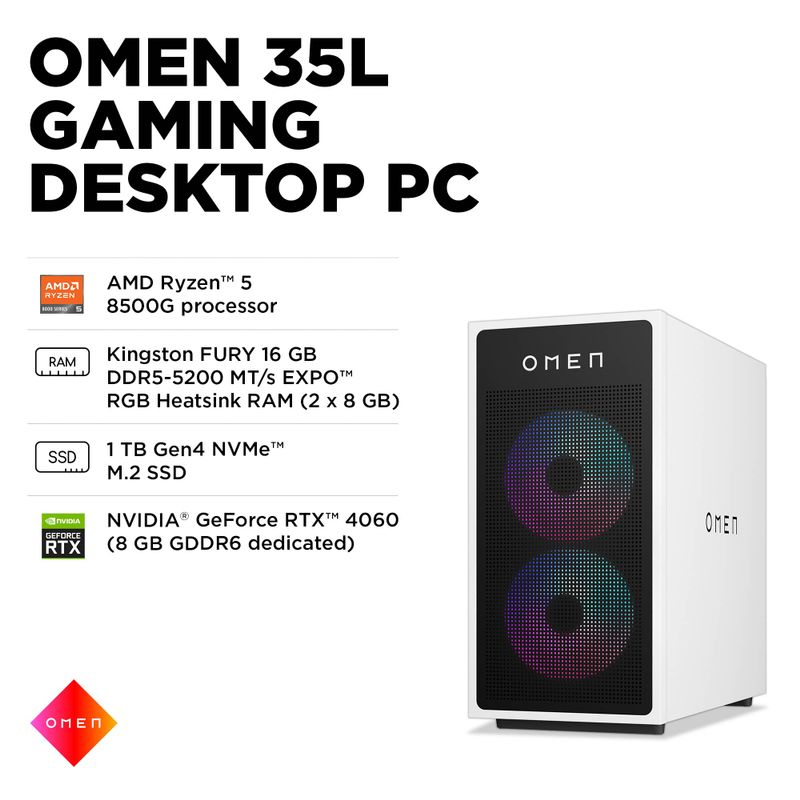 HP OMEN - 35L Gaming Desktop - AMD Ryzen 5 8500G - 16GB DDR5 Memory - NVIDIA GeForce RTX 4060 - 1TB SSD - White/Black
