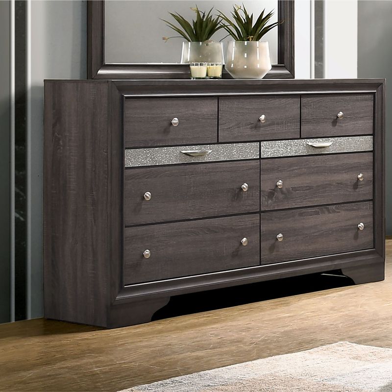 Contemporary 56-inch Wide 9-Drawer Wood Dresser with Silver Accent in Grey