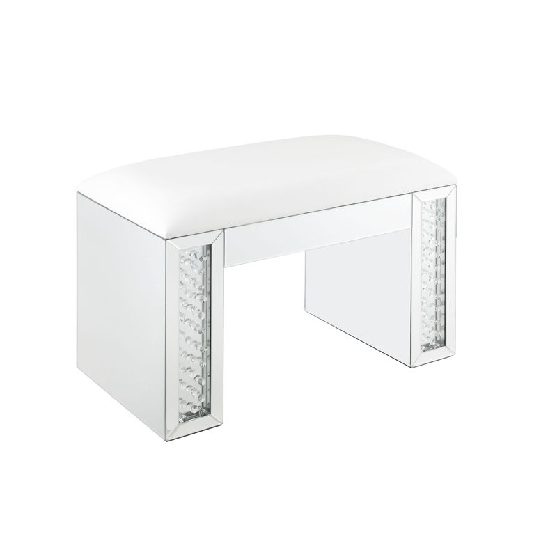 ACME Nysa Vanity Stool, Ivory Synthetic Leather, Mirrored & Faux Crystals