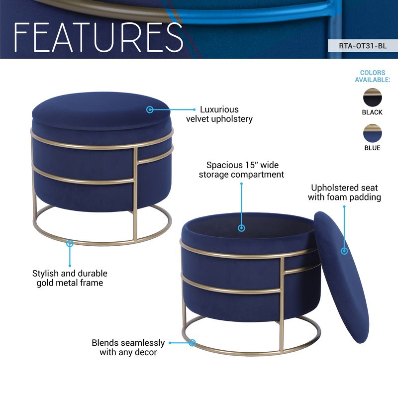 Techni Home Elegant Velvet Round Ottoman with Gold Frame and Storage, Blue