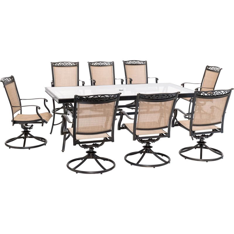 Fontana 9pc: 8 Sling Swivel Rockers, 42x84" Glass Top Table