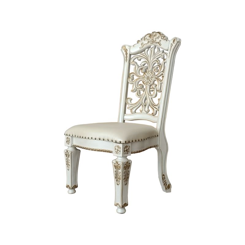 ACME Vendome Side Chair(Set-2), Synthetic Leather & Antique Pearl Finish