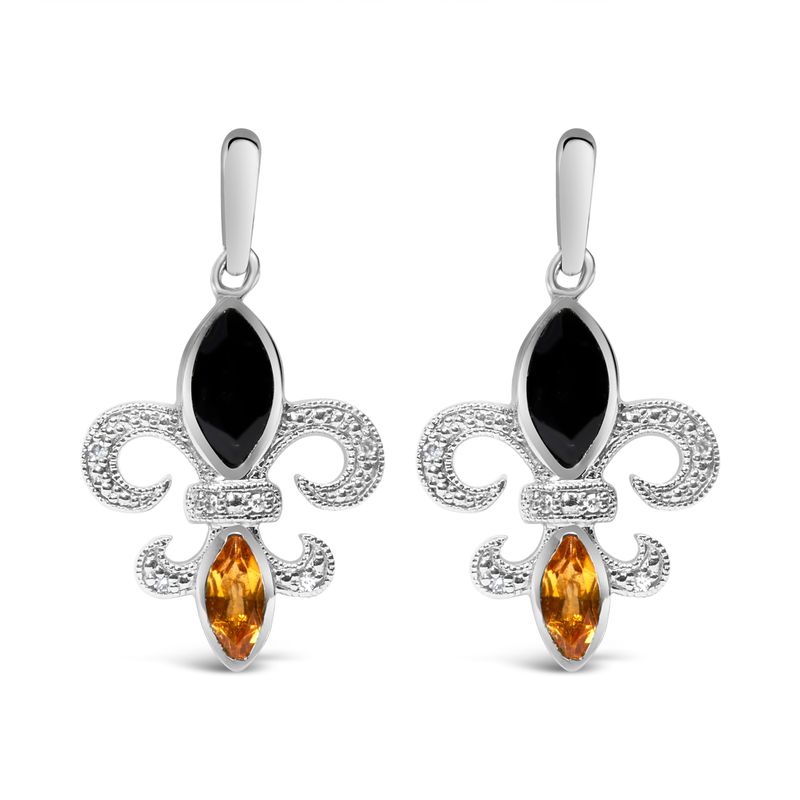 .925 Sterling Silver Marquise Cut Onyx and Citrine with Diamond Accent Fleur De Lis Drop Stud Earrings (H-I Color, SI1-SI2 Clarity)