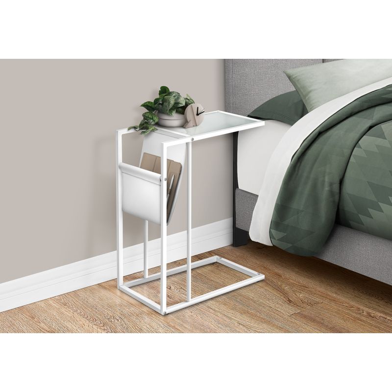 Accent Table/ C-shaped/ End/ Side/ Snack/ Magazine Storage/ Living Room/ Bedroom/ Metal/ Pu Leather Look/ Tempered Glass/ White/ Contemporar