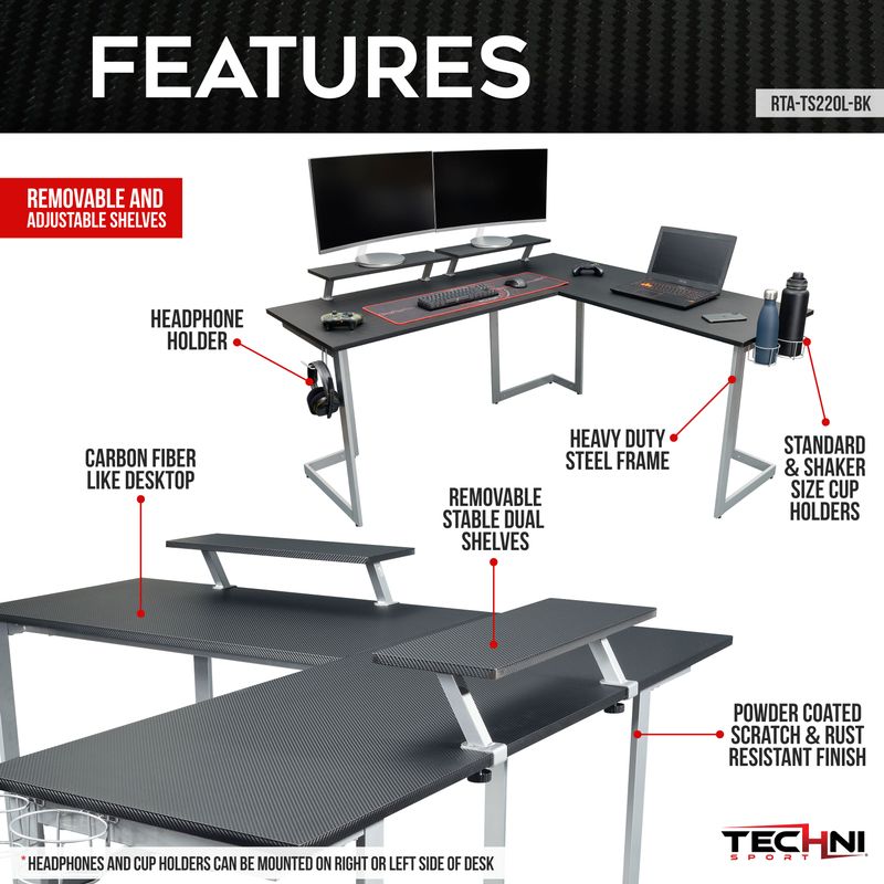 Warrior L-Shaped Gaming Desk, Black