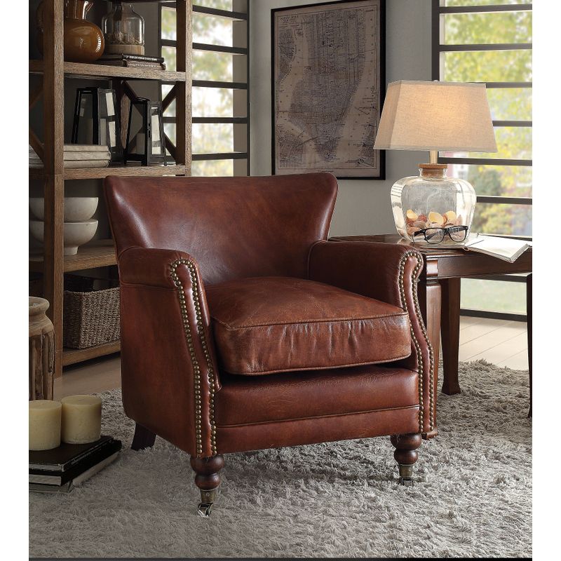 ACME Leeds Accent Chair, Vintage Dark Brown Top Grain Leather