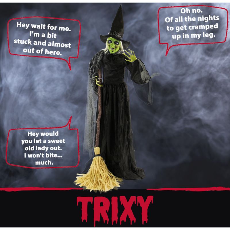 71-In. Animatronic Witch with Broomstick, Indoor or Covered Outdoor Halloween Decoration, Talking, Poseable, Battery-Operated