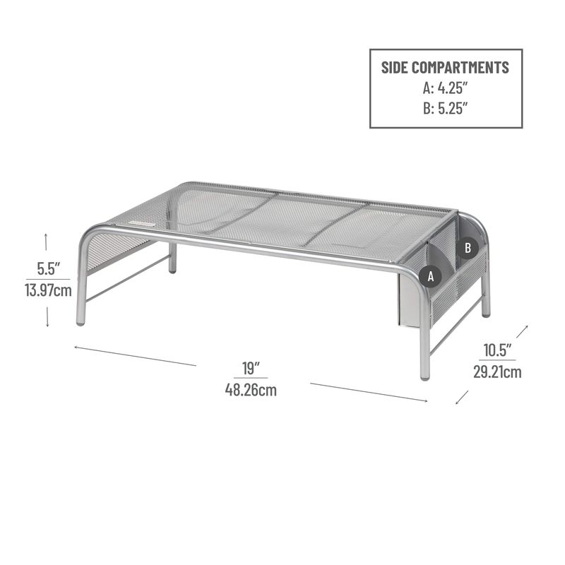 Mind Reader - Monitor Stand, Ventilated Laptop Riser, Desktop Organizer, Side Storage, Metal Mesh, 20"L x 11.5"W x 5.5"H - Silver