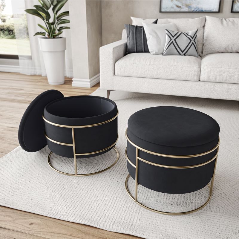 Techni Home Elegant Velvet Round Ottoman with Gold Frame and Storage, Black