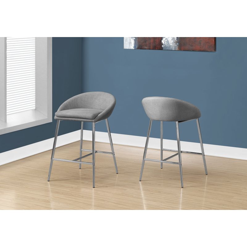 Bar Stool/ Set Of 2/ Counter Height/ Kitchen/ Metal/ Fabric/ Grey/ Chrome/ Contemporary/ Modern