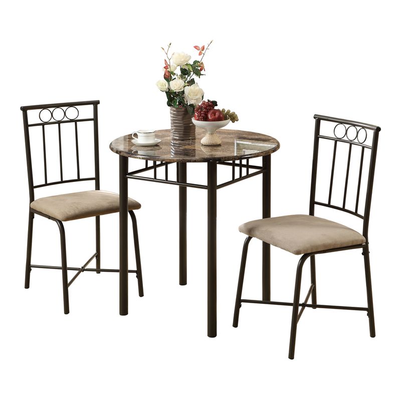 Dining Table Set/ 3pcs Set/ Small/ 30" Round/ Kitchen/ Metal/ Laminate/ Brown Marble Look/ Transitional