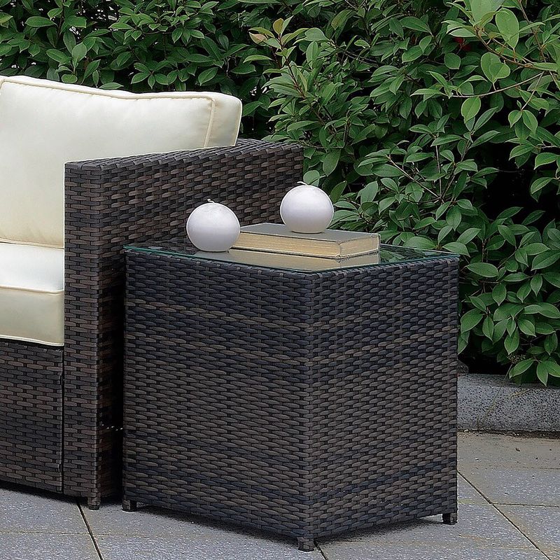 Contemporary Glass Top Patio End Table in Brown/Beige