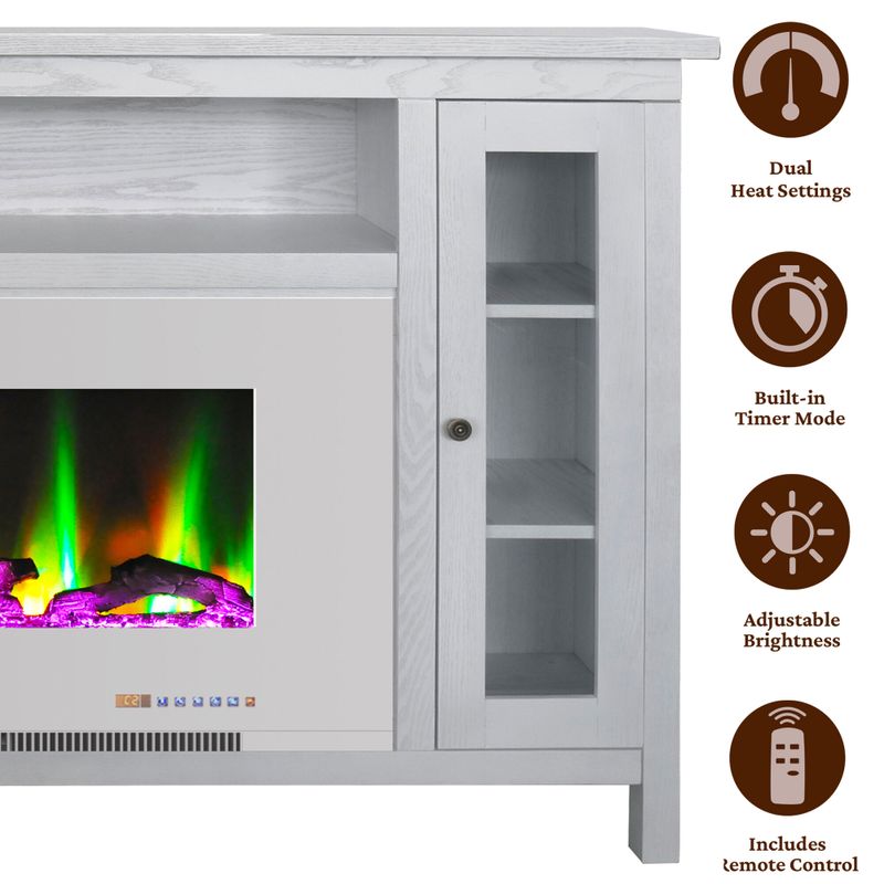 Somerset 70-In. White Electric Fireplace TV Stand with Multi-Color LED Flames, Driftwood Log Display, and Remote Control