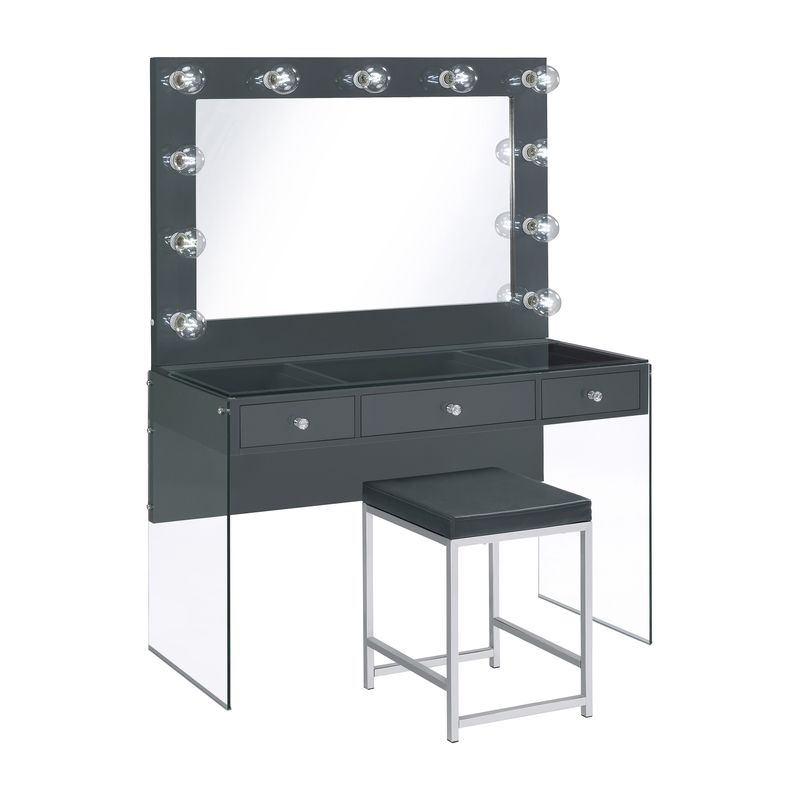 3-drawer Vanity Desk with Lighting Mirror Grey High Gloss