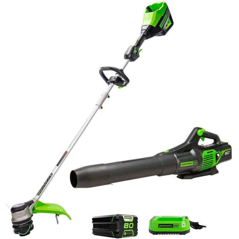 Greenworks - 80 Volt 16-Inch Cutting Diameter Straight Shaft Grass Trimmer and Axial Blower (1 x 2.0Ah Battery and 1 x Charger) - Green