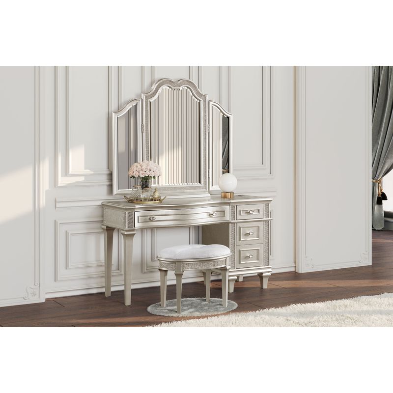 Evangeline 3-piece Vanity Table Set with Tri-Fold Mirror and Stool Silver Oak