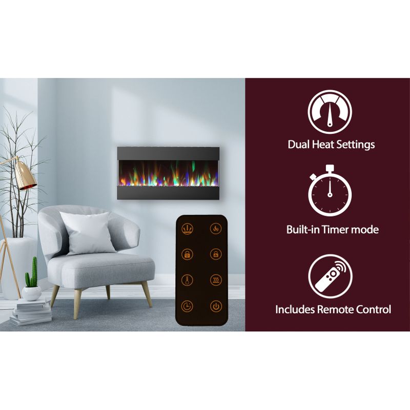 42-In. Recessed Wall Mounted Electric Fireplace with Crystal and LED Color Changing Display, Black