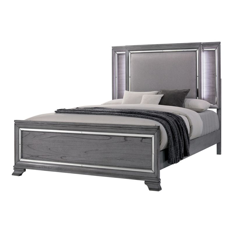 Contemporary Wood Queen Bed with LED Lights in Light Gray