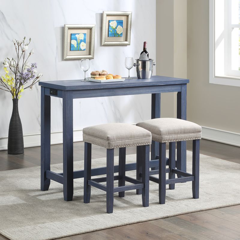 Rustic Wood 3-Piece Counter Height Dining Set in Antique Blue/Gray