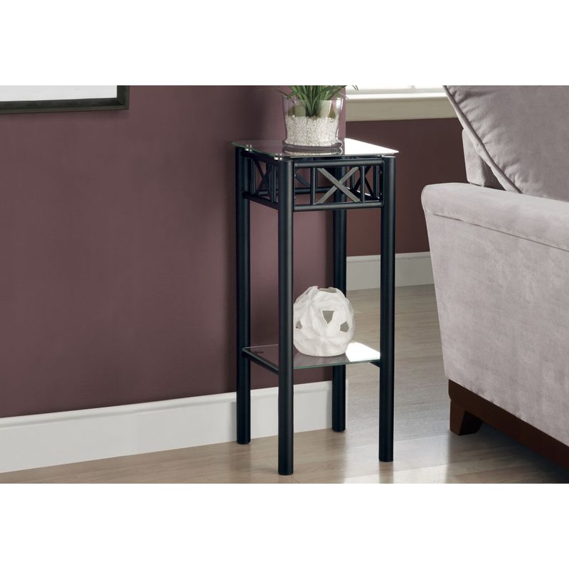 Accent Table/ Side/ End/ Plant Stand/ Square/ Living Room/ Bedroom/ Metal/ Tempered Glass/ Black/ Transitional