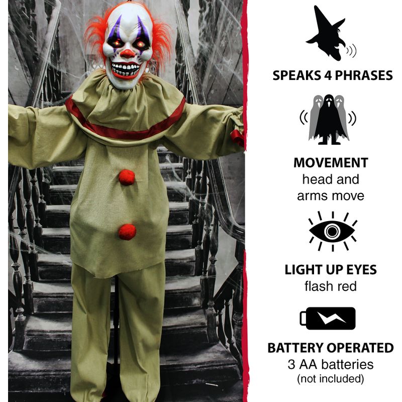 Life-Size Animatronic Clown with Lights and Sound, Indoor or Covered Outdoor Halloween Decoration